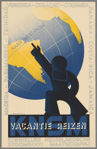 Affiche « KNSM Vacantie reizen. Koninklijke Nederlandsche Stoomboot Maatschappij ». Reproduction intégrale de l’exemplaire conservé par Rijksmuseum.