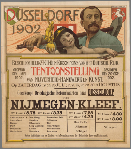 Affiche « Düsseldorf 1902. Tentoonstelling van nijverheid, handwerk en kunst 1 mei - 20 okt. 1902. Goedkoope driedaagsche retourkaarten naar Düsseldorf over Nijmegen-Kleef ». Reproduction intégrale de l’exemplaire conservé par Rijksmuseum.