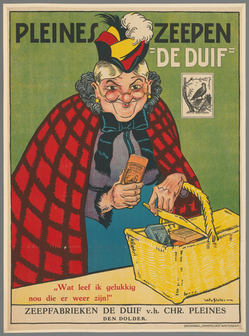 Affiche « Pleines Zeepen De Duif. Wat leef ik gelukkig nou die er weer zijn ! Zeepfabrieken De Duif v.h. Chr. Pleines. Den Dolder ». Reproduction intégrale de l’exemplaire conservé par Rijksmuseum.