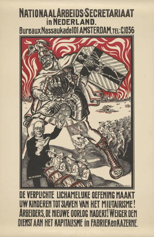 Affiche « Affiche tegen militarisme uitgegeven door het Nationale Arbeiders Secretariaat in Nederland ». Reproduction intégrale de l’exemplaire conservé par Rijksmuseum.