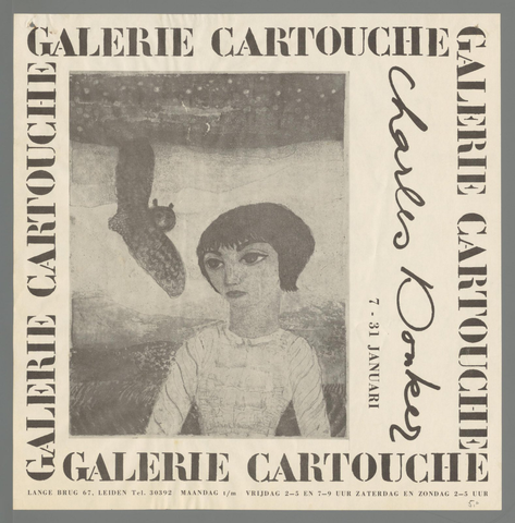 Affiche « Galerie Cartouche Charles Donker. 7-31 januari. Lange Brug 671 Leiden ». Reproduction intégrale de l’exemplaire conservé par Rijksmuseum.