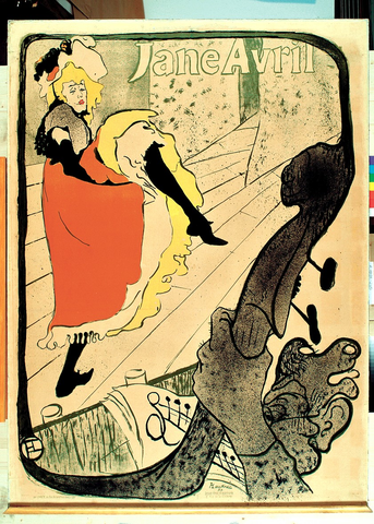 Affiche Jane Avril. Une danseuse en jupe rouge orangé lève une jambe chaussée de noir. Au premier plan à droite, le manche courbé d’une contrebasse encadre la scène. Le nom Jane Avril apparaît en vert en haut.