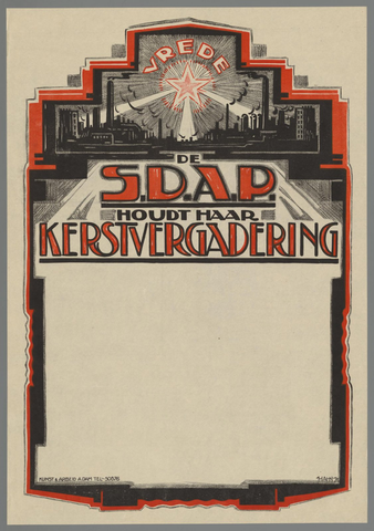 Affiche « Vrede. De S.D.A.P. houdt haar kerstvergadering ». Reproduction intégrale de l’exemplaire conservé par Rijksmuseum.