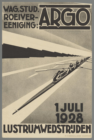 Affiche « Wag. Stud. roeivereeniging: Argo. 1 juli 1928 Lustrumwedstrijden ». Reproduction intégrale de l’exemplaire conservé par Rijksmuseum.
