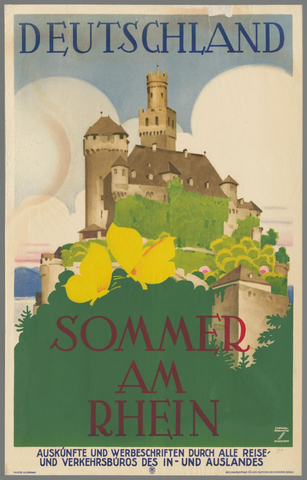 Affiche « Deutschland, Sommer am Rhein - Auskunfte und Werbeschriften durch alle Reise und Verkehrsbüros des In- und Auslandes. ». Reproduction intégrale de l’exemplaire conservé par Rijksmuseum.