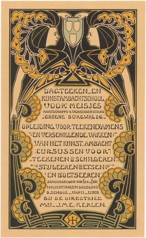 Affiche « Affiche voor de Dagteekenschool en Kunstambachtschool voor Meisjes in Amsterdam ». Reproduction intégrale de l’exemplaire conservé par Rijksmuseum.