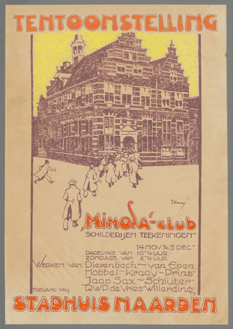 Affiche « Mimosaclub tentoonstelling schilderijen, teekeningen, stadhuis Naarden. ». Reproduction intégrale de l’exemplaire conservé par Rijksmuseum.