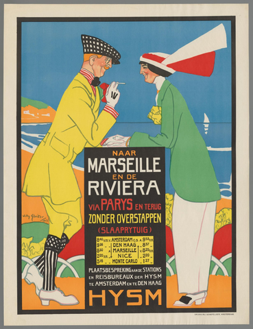 Affiche « Naar Marseille en de rivièra via Parijs en terug zonder overstappen. H.IJ.S.M. ». Reproduction intégrale de l’exemplaire conservé par Rijksmuseum.