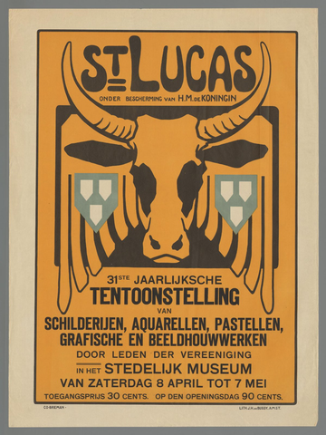 Affiche « St. Lucas, 31ste jaarlijksche tentoonstelling van schilderijen, aquarellen, pastellen, grafische en beeldhouwwerken in het Stedelijk Museum van zaterdag 8 april tot 7 mei. ». Reproduction intégrale de l’exemplaire conservé par Rijksmuseum.