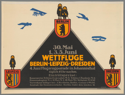 Affiche « 30 Mai, 1.3.5. Juni Weltflüge Berlin-Leipzig-Dresden. 4. Juni Flugzeugparade in Johannisthal ». Reproduction intégrale de l’exemplaire conservé par Rijksmuseum.