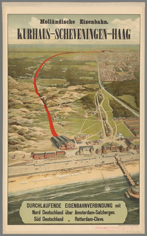 Affiche « Holländische Eisenbahn. Kurhaus-Scheveningen-Haag. Durchlaufende Eisenbahnverbindung mit Nord Deutschland über Amsterdam-Salzbergen (...) ». Reproduction intégrale de l’exemplaire conservé par Rijksmuseum.