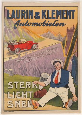 Affiche « Affiche voor Laurin & Klement Automobielen, naar Nederland geïmporteerd door Sligting, Houwing & Co. ». Reproduction intégrale de l’exemplaire conservé par Rijksmuseum.