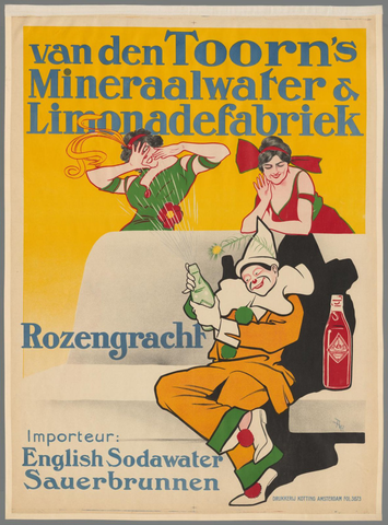 Affiche « Van den Toorn's Mineraalwater & Limonadefabriek. Importeur: English Sodawater - Sauerbrunnen ». Reproduction intégrale de l’exemplaire conservé par Rijksmuseum.