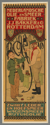 Affiche « Nederlandsche olie- en smeerfabriek J.J. Bakker Rotterdam. zwart leder- en hoefsmeer wagensmeer rijtuigolie ». Reproduction intégrale de l’exemplaire conservé par Rijksmuseum.