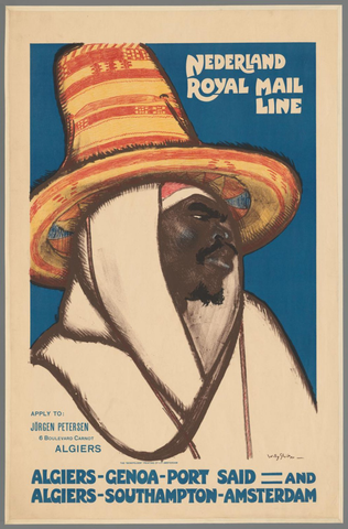 Affiche « Nederland Royal Mail Line. Algiers-Genoa-Port Said and Algiers-Southampton-Amsterdam ». Reproduction intégrale de l’exemplaire conservé par Rijksmuseum.