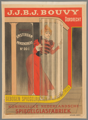 Affiche « J.J.B.J. Bouvy Dordrecht Filiaal Amsterdam ...Gebogen Spiegelruiten in alle afmetingen. Koninklijke Nederlandsche Spiegelglasfabriek ». Reproduction intégrale de l’exemplaire conservé par Rijksmuseum.