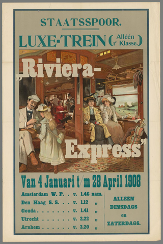 Affiche « Staatsspoor luxe-trein (alleen 1e Klasse). Rivièra-express. Van 4 Januari t/m 28 April 1908 ». Reproduction intégrale de l’exemplaire conservé par Rijksmuseum.