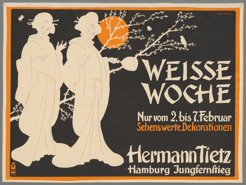 Affiche « Weisse Woche. Nur vom 2. bis 7. Februar Sehenswerte Dekorationen. Hermann Tietz. Hamburg Jungfernstieg ». Reproduction intégrale de l’exemplaire conservé par Rijksmuseum.
