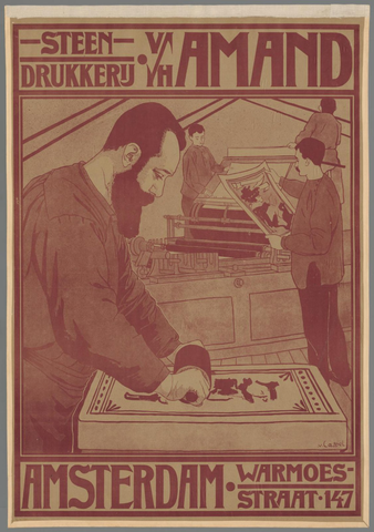 Affiche « Steendrukkerij v/h Amand Amsterdam. Warmoesstraat 147 ». Reproduction intégrale de l’exemplaire conservé par Rijksmuseum.
