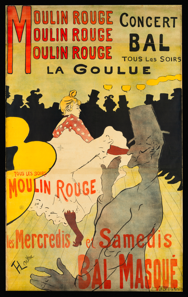 Affiche verticale Moulin Rouge : La Goulue. Une danseuse soulève sa jupe devant une rangée de silhouettes noires ; un homme coiffé d’un haut-de-forme occupe le premier plan. Lettres rouges et noires sur fond jaune.