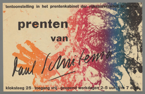 Affiche « prenten van paul schuitema, tentoonstelling in het prentenkabinet der rijksuniversiteit te leiden, t/m 7 dec. ». Reproduction intégrale de l’exemplaire conservé par Rijksmuseum.