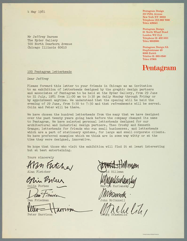 Affiche « Letter to Jeffery Barnes, Ryder Gallery, Chicago from Pentagram ». Reproduction intégrale de l’exemplaire conservé par Cooper Hewitt, Smithsonian Design Museum.