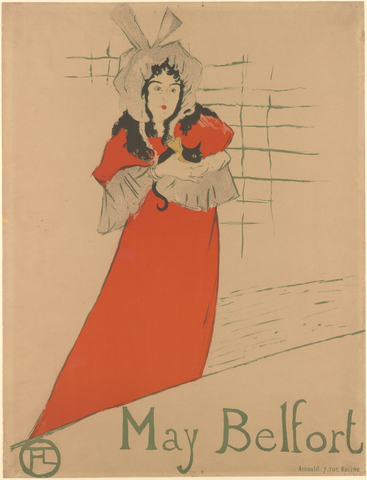 Affiche May Belfort. Une femme en longue robe rouge et bonnet tient un chat noir contre elle. Son nom apparaît en grandes lettres vertes au-dessus de la figure.