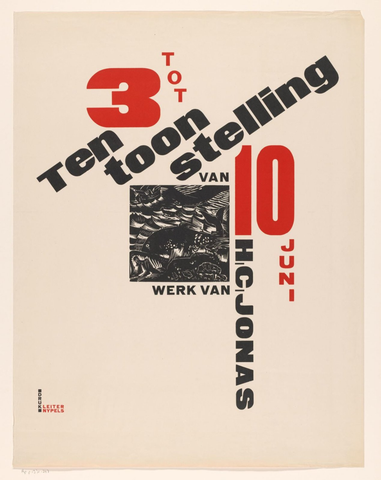 Affiche « Affiche voor een tentoonstelling van werk H.C. Jonas. 3 tot 10 juni met prent van walvis en schipbreukeling ». Reproduction intégrale de l’exemplaire conservé par Rijksmuseum.