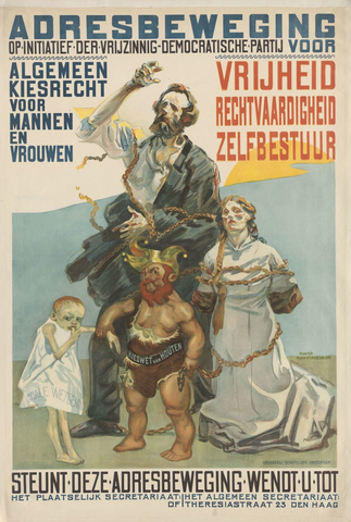 Affiche « Adresbeweging op initiatief der Vrijzinnig-Democratische Partij. Algemeen kiesrecht voor mannen en vrouwen (...) ». Reproduction intégrale de l’exemplaire conservé par Rijksmuseum.