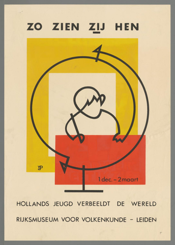 Affiche « Zo zien zij hen. Hollands jeugd verbeeldt de wereld Rijksmuseum voor volkenkunde. Leiden ». Reproduction intégrale de l’exemplaire conservé par Rijksmuseum.