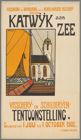 Affiche « Vereeniging ter bevordering van de Nederlandsche visscherij Afdeeling Katwijk aan Zee. Visscherij- en schilderijententoonstelling. Geopend van 1 Juli tot 1 October 1902. ». Reproduction intégrale de l’exemplaire conservé par Rijksmuseum.