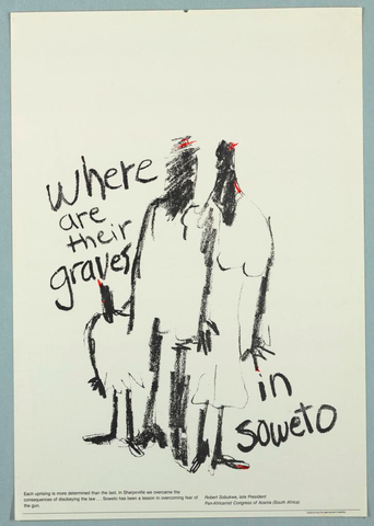 Affiche « Where Are Their Graves in Soweto ». Reproduction intégrale de l’exemplaire conservé par Cooper Hewitt, Smithsonian Design Museum.