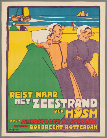 Affiche « Reist naar het zeestrand per H.IJ.S.M. over Amersfoort-Amsterdam of over Dordrecht-Rotterdam ». Reproduction intégrale de l’exemplaire conservé par Rijksmuseum.