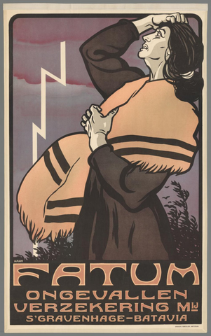 Affiche « Fatum Ongevallen Verzekering Mij 's-Gravenhage - Batavia ». Reproduction intégrale de l’exemplaire conservé par Rijksmuseum.