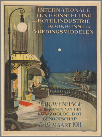 Affiche « Internationale tentoonstelling van hotelindustrie kookkunst en voedingsmiddelen 's-Gravenhage i/d gebouwen van het Kon. Ned. Zoölog. Bot. Genootschap 3-19 Maart 1911 ». Reproduction intégrale de l’exemplaire conservé par Rijksmuseum.