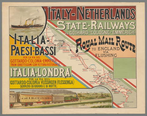 Affiche « Italy-Netherlands. State Railways. Royal Mail Rout (...) ». Reproduction intégrale de l’exemplaire conservé par Rijksmuseum.