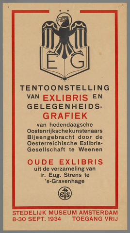 Affiche « Tentoonstelling van exlibris en gelegenheidsgrafiek van hedendaagsche Oostenrijksche kunstenaars (...) Stedelijk Museum Amsterdam 1934 ». Reproduction intégrale de l’exemplaire conservé par Rijksmuseum.