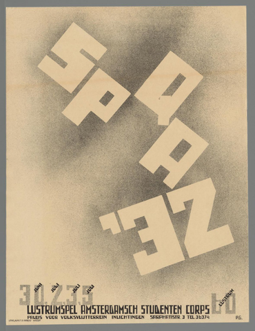 Affiche « SPQA '32. 30 Juni, 2 Juli, 3 Juli, 5 Juli. Lustrumspel Amsterdamsch Studenten Corps (...) ». Reproduction intégrale de l’exemplaire conservé par Rijksmuseum.
