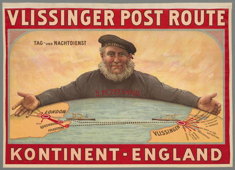 Affiche « Vlissingen Post Route Kontinent - Engeland ». Reproduction intégrale de l’exemplaire conservé par Rijksmuseum.