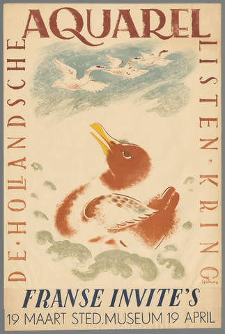Affiche « De Hollandsche aquarellisten kring. Franse Invite's Stedelijk museum 19 maart / 19 april ». Reproduction intégrale de l’exemplaire conservé par Rijksmuseum.