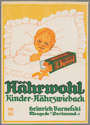 Affiche « Nährwohl, Kinder-Nährzwieback, Heinrich Barnefski ». Reproduction intégrale de l’exemplaire conservé par Rijksmuseum.