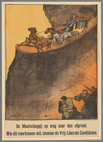 Affiche « De Maatschappij op weg naar den afgrond. Wie dit voorkomen wil, stemme de Vrije-Liberale Candidaten. ». Reproduction intégrale de l’exemplaire conservé par Rijksmuseum.