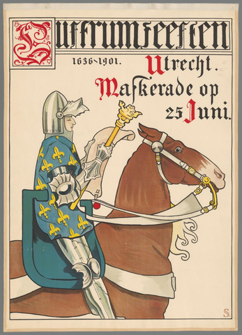Affiche « Lustrumfeesten 1636-1901 Utrecht. Maskerade op 25 juni ». Reproduction intégrale de l’exemplaire conservé par Rijksmuseum.