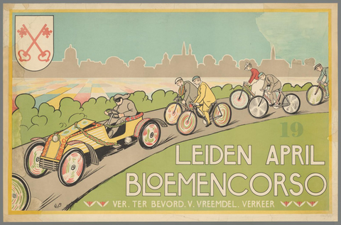 Affiche « Leiden april bloemencorso 19 april. Ver. ter bevord. v. vreemdel. verkeer ». Reproduction intégrale de l’exemplaire conservé par Rijksmuseum.
