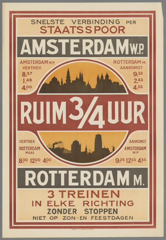 Affiche « Snelste verbinding per staatsspoor Amsterdam W.P. Rotterdam M. Ruim 3/4 uur. 3 Treinen in elke richting zonder stoppen. Niet op zon- en feestdagen ». Reproduction intégrale de l’exemplaire conservé par Rijksmuseum.