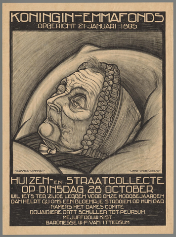 Affiche « Koningin-Emmafonds opgericht 21 Januari 1895. Huizen- en straatcollecte op 18 October (...) ». Reproduction intégrale de l’exemplaire conservé par Rijksmuseum.