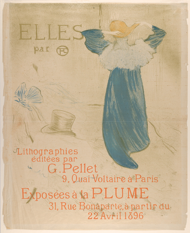 Affiche Elles. Une femme vue de dos, cheveux relevés, porte une blouse blanche et une longue jupe bleue. Le titre Elles surmonte les mentions rouges de lithographies, de La Plume et du 22 avril 1896.