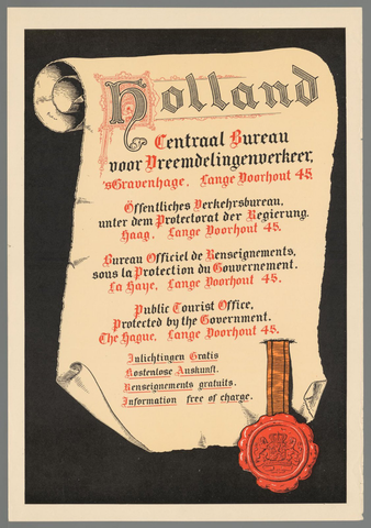 Affiche « Holland. Centraal bureau voor vreemdelingenverkeer. 's-Gravenhag (...) ». Reproduction intégrale de l’exemplaire conservé par Rijksmuseum.
