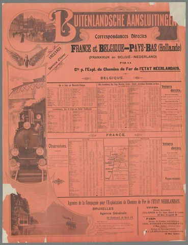 Affiche « Buitenlandsche aansluitingen. Correspondances directes France et Belgique - Pays-Bas Holland par la Cie. p. l'Expl. de Chemins de Fer de l'Etat Neerlandais. 1902-1903 Service d'hiver. ». Reproduction intégrale de l’exemplaire conservé par Rijksmuseum.