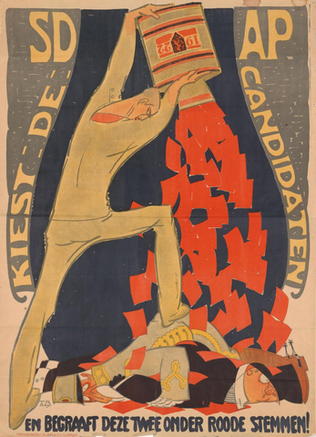 Affiche « Kiest de SDAP candidaten en begraaft deze twee onder roode stemmen ». Reproduction intégrale de l’exemplaire conservé par Rijksmuseum.
